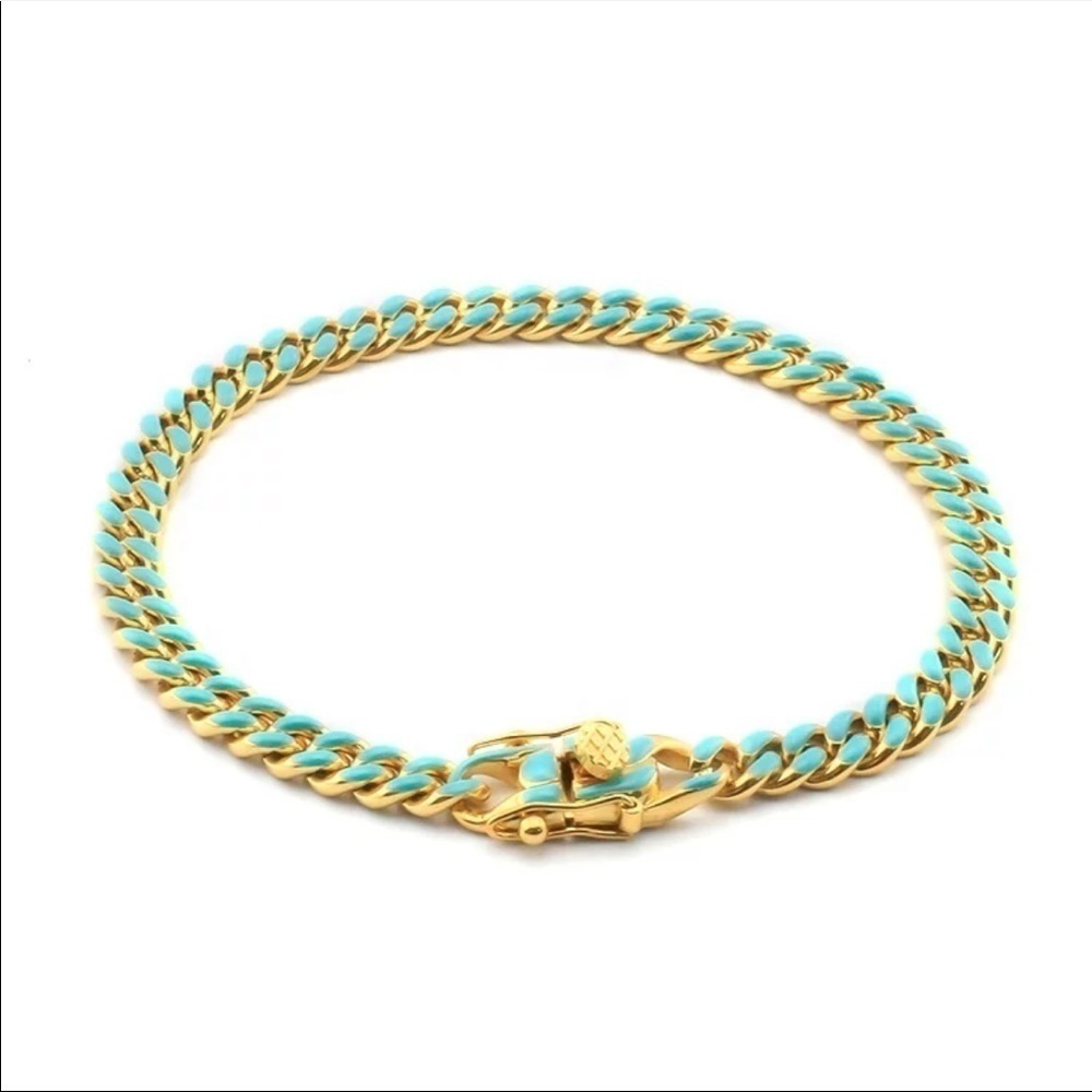 18K gold plated stainless steel Cuban Link bracelet 8.5 inches green accent